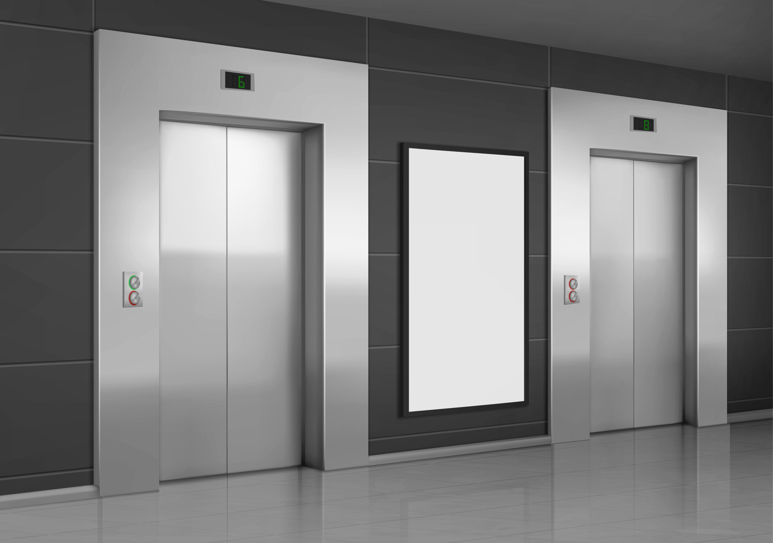 Realistic elevators with close doors and ad poster screen on wall, perspective view mockup. Office or modern hotel hallway, empty lobby interior with lifts and blank display, 3d vector illustration